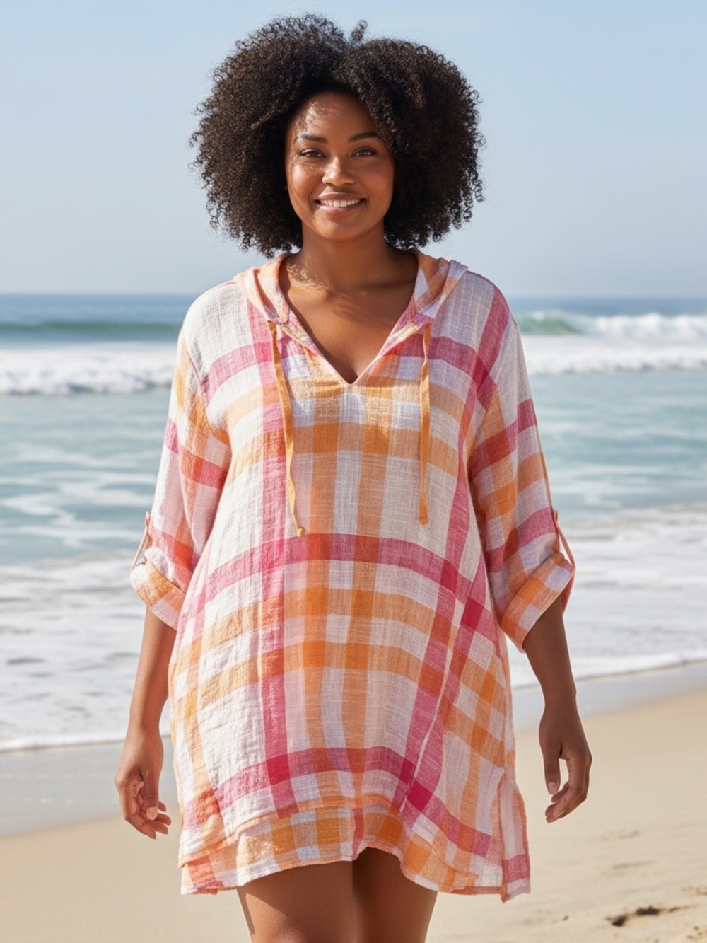 Plaid Cotton Hooded Swim Cover-Up Tunic in Pink & Orange - women’s 2XL